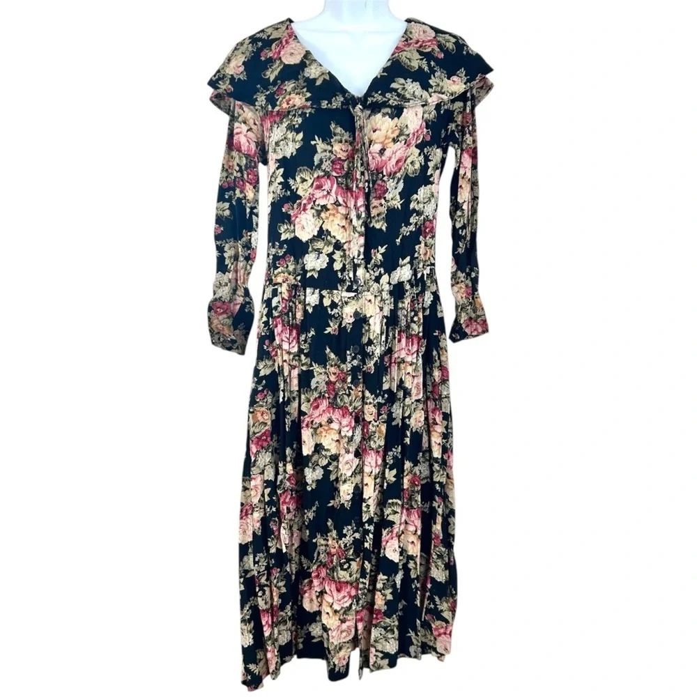 Vintage 90s Cottagecore Dark Floral Sailor Collar Midi Dress Size 7/8